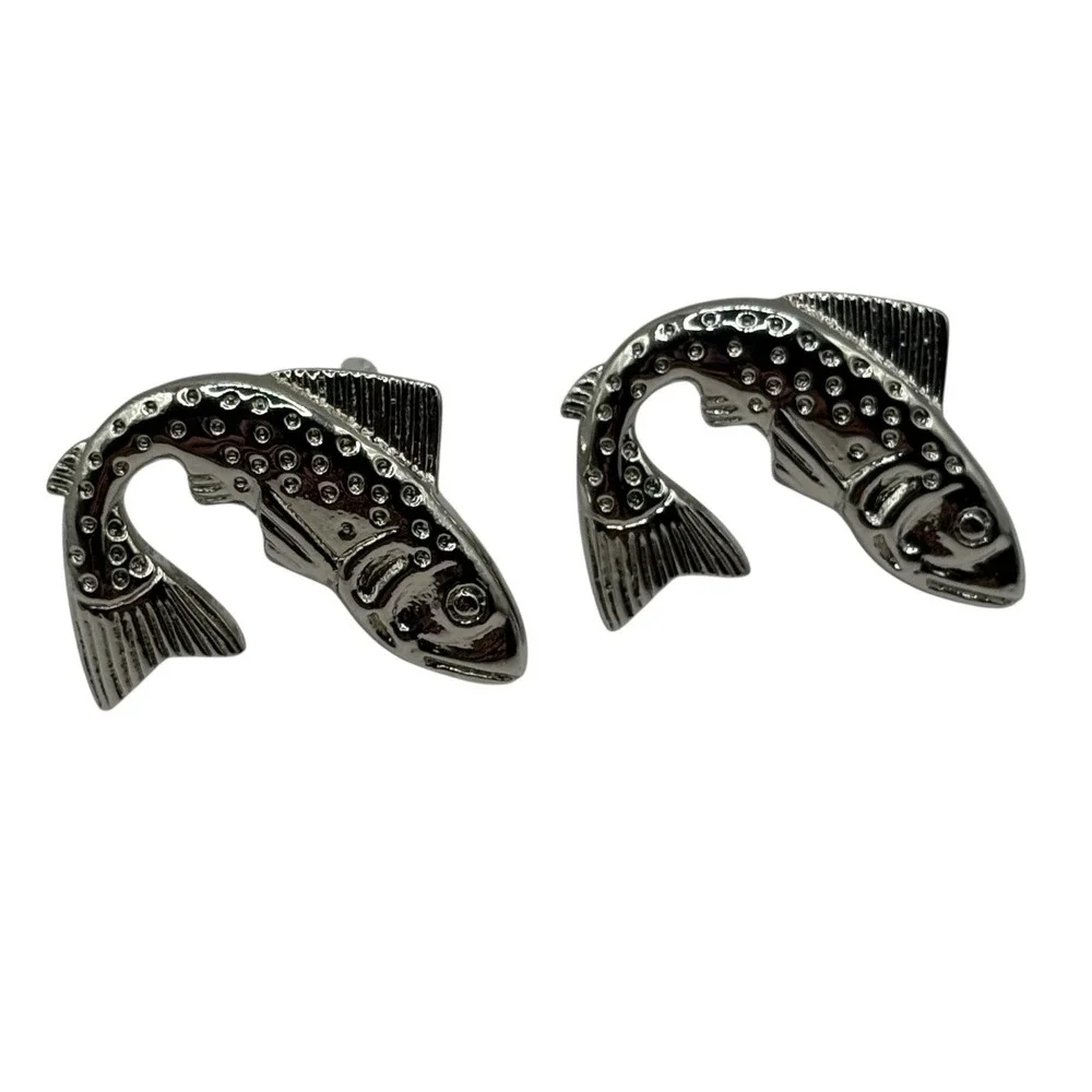 Fish Big Mouth Bass Cufflinks Fishing Silver‎ Tone Metal Shiny Modern River Lake